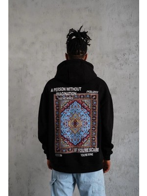 Zenvia Erkek 3 Iplik Pamuklu Kapüşonlu Baskılı Cepli Oversize Sweatshirt Hoodie - Siyah