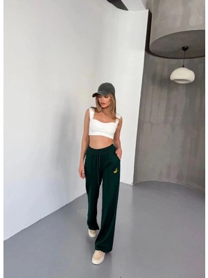 Zenvia Kadın Osy Modal Yumuşak Dokulu Kumaş Nakış Işlemeli Rahat Bol Paça Eşofman Pantolon - Yeşil