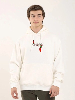 Zenvia Erkek 3 Iplik Pamuklu Kapüşonlu Baskılı Cepli Oversize Sweatshirt Hoodie - Beyaz