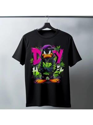 Zenvia Daffy Duck Graffiti Baskılı Unisex Siyah Tişört - 24/1 Penye Pamuklu