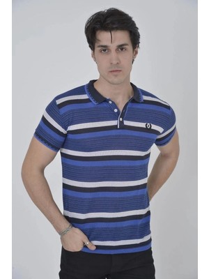 Zenvia Erkek Polo Yaka Tişört Slim Fit Dokuma Çizgili T-Shirt - Mavi
