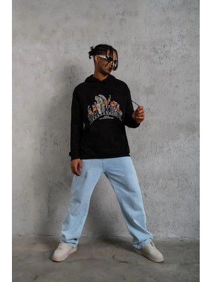 Zenvia Erkek 3 Iplik Pamuklu Kapüşonlu Baskılı Cepli Oversize Sweatshirt Hoodie - Siyah