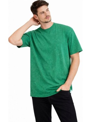 Zenvia Erkek Asit Yıkama Bisiklet Yaka Kısa Kollu Oversize T-Shirt Tişört - Yeşil
