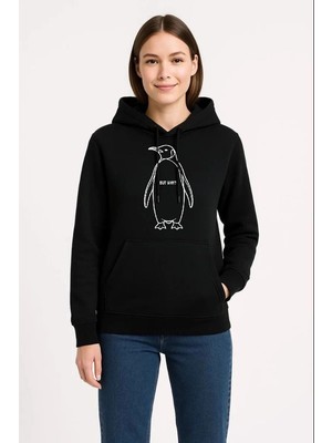 Zenvia Kadın 3 Iplik Pamuklu Kapüşonlu Hoodie Sweatshirt Nihilist Penguen Baskılı - Siyah