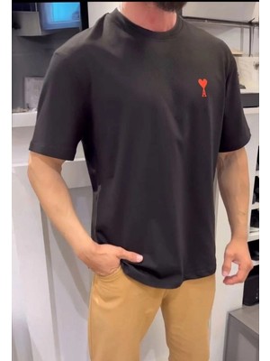 Zenvia Erkek Kısa Kol Tişört Bisiklet Yaka Kalp Baskılı Oversize T-Shirt - Siyah