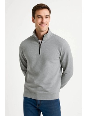 Zenvia Erkek Dik Yaka Yarım Fermuarlı 3 Iplik Pamuklu Sweatshirt - Gri