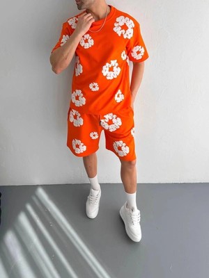 Zenvia Erkek Iki Iplik Kumaş Oversize Baskılı T-Shirt Şortlu Ikili Alt-Üst Takım- Turuncu