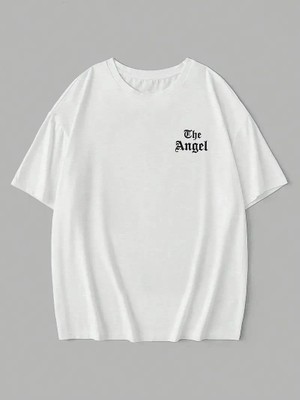 Zenvia Kadın Kısa Kol Tişört Bisiklet Yaka Angel Melek Kanadı Baskılı T-Shirt - Beyaz
