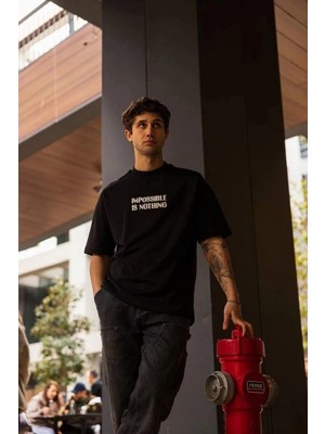 Zenvia Erkek Kısa Kol Yazlık Tişört Bisiklet Yaka Baskılı Oversize T-Shirt - Siyah