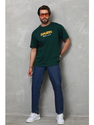 Zenvia Erkek Kısa Kol Yazlık Tişört Bisiklet Yaka Baskılı Oversize T-Shirt - Yeşil