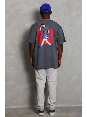 Zenvia Erkek Baskılı Tişört Kısa Kol Bisiklet Yaka Oversize T-Shirt - Füme