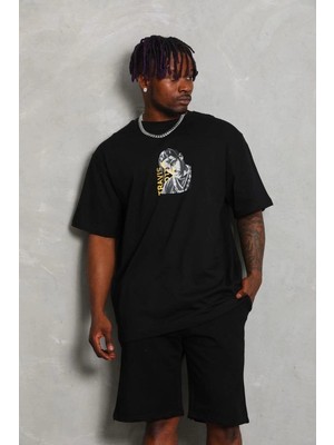 Zenvia Erkek Baskılı Tişört Kısa Kol Bisiklet Yaka Oversize T-Shirt - Siyah