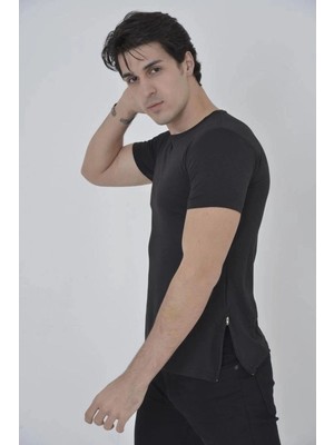 Zenvia Erkek Yanlardan Fermuarlı T-Shirt Kısa Kol Bisiklet Yaka Slimfit Tişört   - Siyah