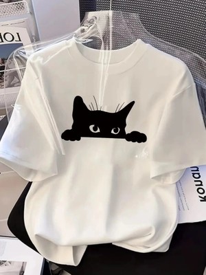 Zenvia Kadınlar Için Siyah Kedi Grafik Tişört - Oversize Kısa Kollu Üst Nefes Alabilir - Beyaz