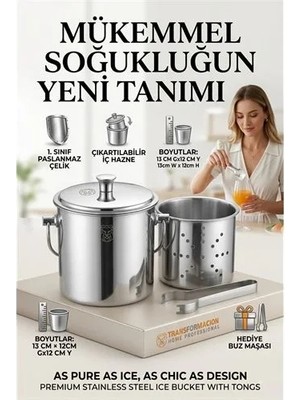 Zenvia Paslanmaz Inox Parlak Çelik Buz Kovası Seti - Süzgeçli ve Buz Maşası Hediyeli 723145