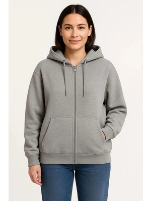 Zenvia Kadın 3 Iplik Pamuklu Kapüşonlu Tam Fermuarlı Kanguru Cepli Sweatshirt Hoodie - Gri