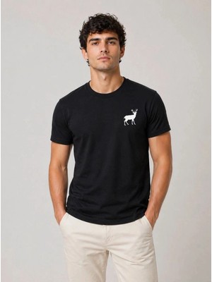 Zenvia Erkek Minimal Geyik Logolu Tişört Bisiklet Yaka Kısa Kol Yazlık T-Shirt - Siyah