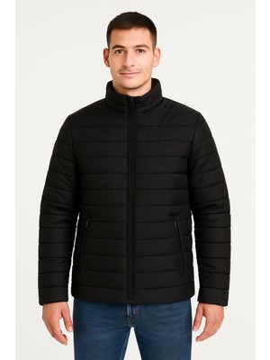 Zenvia Erkek Bomber Mont Su Itici Kapitone Astarlı Fermuarlı Cepli Ceket - Siyah
