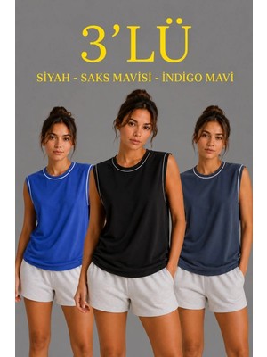 Zenvia Kadın 3’lü Kolsuz Sporcu Atlet Seti Yazlık Bisiklet Yaka - Siyah, Saks Mavisi, Indigo