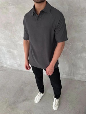 Zenvia Erkek Polo Yaka Tişört Patlı Kısa Kol Yazlık T-Shirt - Antrasit