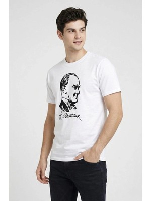 Zenvia Erkek Atatürk Baskılı Tişört Kısa Kollu Bisiklet Yaka T-Shirt - Beyaz