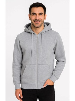 Zenvia Erkek 3 Iplik Pamuklu Kapüşonlu Tam Fermuarlı Cepli Hoodie Sweatshirt - Gri