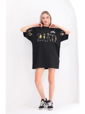 Zenvia Kadın Kısa Kol Yazlık Tişört Bisiklet Yaka Baskılı Oversize T-Shirt - Siyah