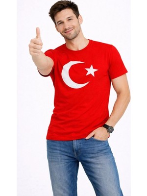 Zenvia Erkek T-Shirt Kısa Kol Bisiklet Yaka Ay Yıldız Bayrak Baskılı Tişört - Kırmızı