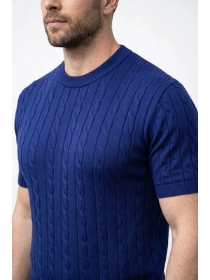 Zenvia Erkek Yazlık Triko Dokuma Tişört Kısa Kol Bisiklet Yaka Örgü Desenli T-Shirt - Lacivert