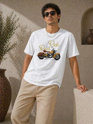 Zenvia Erkek Motosiklet Baskılı Tişört Bisiklet Yaka Kısa Kol Yazlık T-Shirt - Beyaz