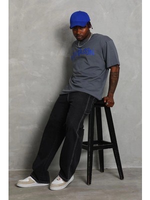 Zenvia Erkek Baskılı Tişort Kısa Kol Bisiklet Yaka Oversize T-Shirt - Füme
