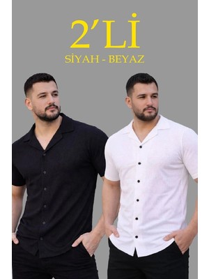 Zenvia Erkek Waffle Kumaş Açık Yakalı Düğmeli Regular Fit Gömlek 2’li Set Siyah-Beyaz