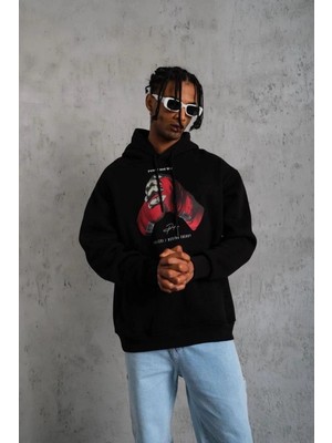 Zenvia Erkek Kapüşonlu Cepli Box Eldiven Baskılı 3 Iplik Sweatshirt Hoodie - Siyah