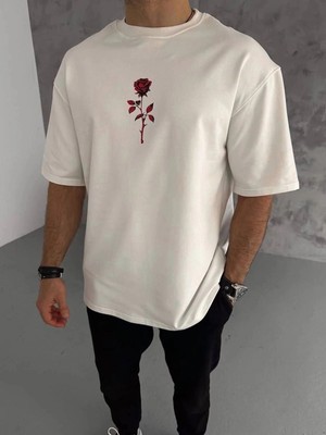 Zenvia Erkek Kısa Kol Tişört Bisiklet Yaka Gül Baskılı Oversize T-Shirt - Beyaz