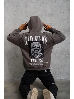 Zenvia Erkek 3 Iplik Pamuklu Baskılı Kapüşonlu Cepli Sweatshirt Hoodie - Gri