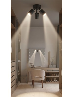 UltraMint 3’lü GU10 Siyah Metal Tavan Spotlar, Hareketli Başlık, LED Tasarruflu