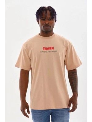 Zenvia Erkek Baskılı T-Shirt Kısa Kol Bisiklet Yaka Rahat Kalıp Tişört  - Bej