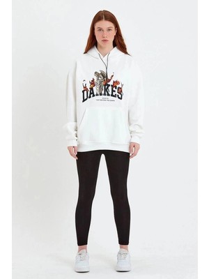 Zenvia Kadın Oversize Kapüşonlu Cepli Baskılı 3 Iplik Pamuklu Hoodie Sweatshirt - Beyaz