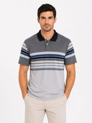 Zenvia Erkek Flamlı Penye Çizgili Polo Yaka Tişört Kısa Kol Yazlık T-Shirt - Gri