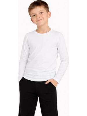 Zenvia Erkek Çocuk Basic Uzun Kollu Tişört Okul Günlük Rahat T-Shirt - Beyaz