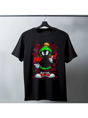 Zenvia Marvin The Martian Graffiti Baskılı Unisex Siyah Tişört - 24/1 Penye Pamuklu