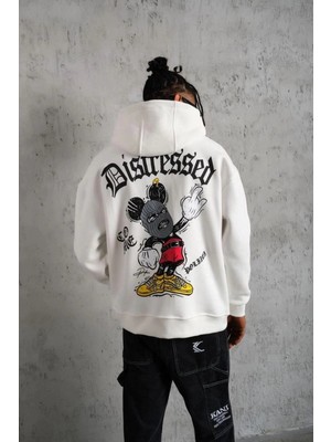 Zenvia Erkek 3 Iplik Pamuklu Kapüşonlu Baskılı Cepli Oversize Sweatshirt Hoodie - Beyaz