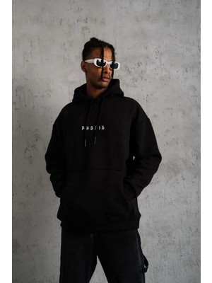 Zenvia Erkek 3 Iplik Pamuklu Kapüşonlu Baskılı Cepli Oversize Sweatshirt Hoodie - Siyah