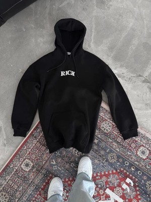 Zenvia Erkek Kapüşonlu Kanguru Cepli Sweatshirt 3 Iplik Pamuklu Baskılı Hoodie -  Siyah