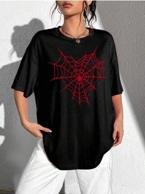Zenvia Kadın Örümcek Ağ Baskılı T-Shirt Kısa Kol Bisiklet Yaka Oversize Tişört - Siyah