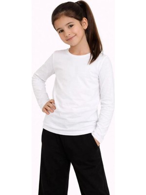 Zenvia Kız Çocuk Basic Uzun Kollu Tişört Okul Günlük Rahat T-Shirt - Beyaz
