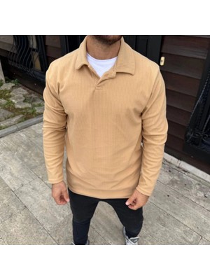 Zenvia Erkek Fitilli Polar Sweatshirt Düğmesiz Yaka Oversize - Bej