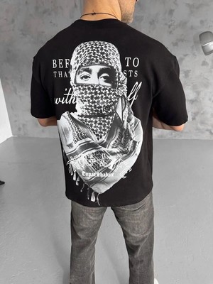 Zenvia Erkek Kısa Kol Tişört Bisiklet Yaka Filistin Poşulu Baskılı T-Shirt - Siyah