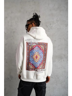 Zenvia Erkek 3 Iplik Pamuklu Kapüşonlu Baskılı Cepli Oversize Sweatshirt Hoodie - Beyaz