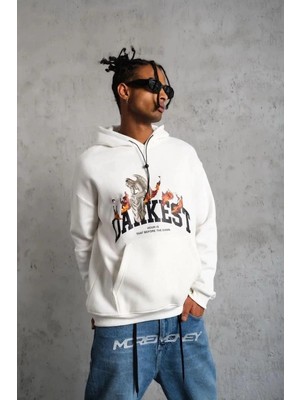 Zenvia Erkek Kapüşonlu Kanguru Cepli Sweatshirt 3 Iplik Pamuklu Baskılı Hoodie - Beyaz